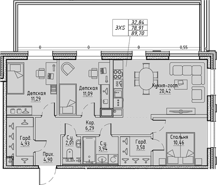 3-комнатная квартира 89.7 м², 2/10 эт., ЖК «LEGENDA Сампсониевский 32»